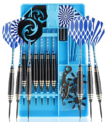 CareGames dartpilar med metallspets, 6 stycken 24 gram professionella steeldarts 9 aluminiumskaft med 12 flights, 20 ringar, 2 flygskydd, Sharpener och verktyg, presentförpackning