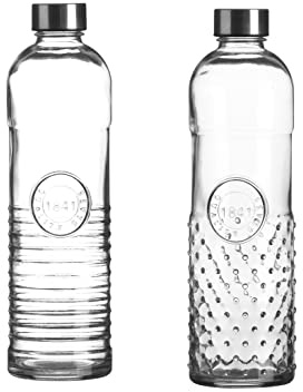 WESTCRAFT Oriental 1 Liter Schliff Glas Wasserflasche mit Schraubverschluss, luftdicht, Silikonabdichtung, Kühlschrank Trinkflasche Wasse, Vintage Glasflasche Flasche (Vintage 2er Set Stripe Dot)