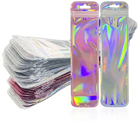 Förvaringsväska 100 stycken - holografisk förpackning av aluminiumpapper, förslutningsbar och termoförseglbar dragkedja för förvaring av mat (5,5 x 22 cm)