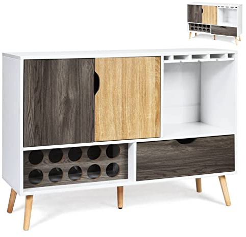 GiantexUK Sideboard for Living Room, Wooden Storage Cabinet with Adjustable Shelf, 10 Bottle Wine Racks, Large Drawer and Wine Glass Holder, Modern Buffet Cupboard for Kitchen Dining Room