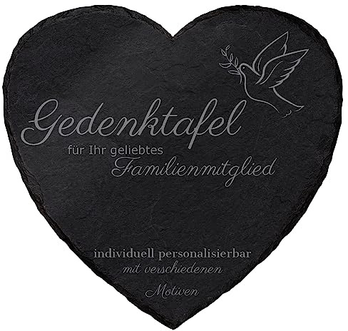 mtb more energy Gedenktafel Grabstein aus Schiefer mit Gravur - wähle passende Motive und Schriftarten - Herz (15 x 15 cm) - Grabplatte Gedenkbild Kondolenzfeier