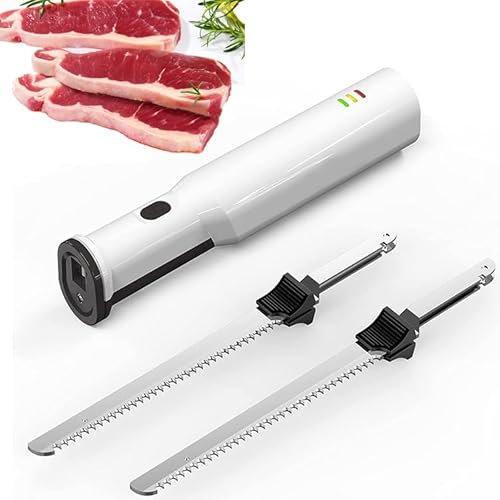 Couteau à découper électrique, couteau à pain, couteau à trancher la viande rechargeable avec 2 lames dentelées en acier inoxydable de 8 et déclencheur de verrouillage de sécurité, pour couteau