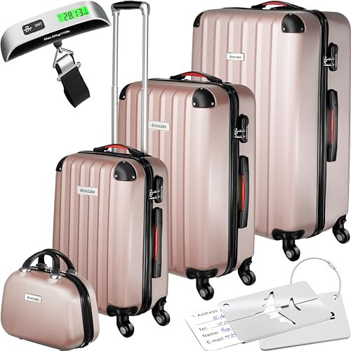 TecTake® Set di valigie rigide Cleo, 4 pezzi, Trolley M, L e XL, Beauty Case Impilabile, Rotelle Girevoli a 360°, Maniglia Telescopica Regolabile, Bilancia, Combinazione a 3 Cifre - Rosa Dorato