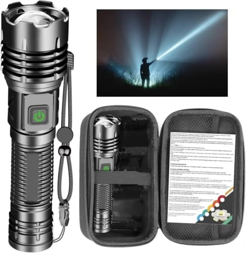 LeKaufen Taschenlampe LED Aufladbar mit LCD-Leistungsanzeige, 10000 Lumen Led Taschenlampe Extrem Hell mit 4 Modi, Zoombare Handlampe für Camping, Outdoor, Wandern (Einschließlich Verpackung)