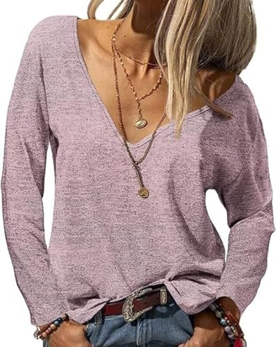 Fisoew Camiseta de manga larga para mujer, básica, con cuello en V, monocolor, sexy, suelta, manga larga, camiseta