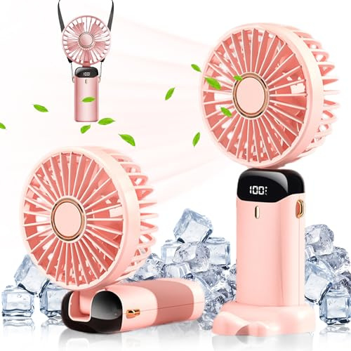 Kukigo Ventilador portátil de mano, ventilador de batería de 5000 mAh con base, 5 velocidades, pantalla LED digital, ventiladores recargables por USB, mini ventiladores plegables para exteriores,
