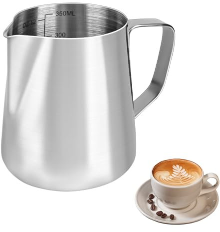 Milchkännchen, Handheld 304 Edelstahl Aufschäumkännchen, Milchkanne mit Messung Mark 12oz 350ml Barista, Milch Pitcher für Cappuccino, Latte Art,Espresso, Perfekt für Kaffeeliebhabe, Silber