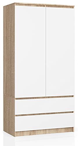 AKORD Zweitüriger Kleiderschrank S 90 cm 2 Schubladen mit Regalen und Einer Kleiderstange für EIN Schlafzimmer Kleiderschränke Minimalistischer Stil Schichtstoffplatte 16 mm Farbe Sonoma & Weiß Front