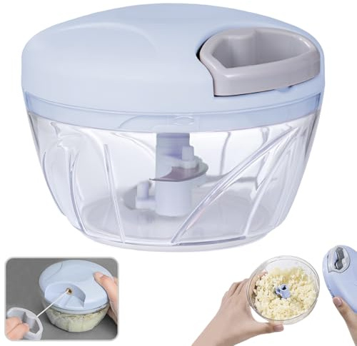 Vegetable Chopper 500ml - Multi-Function Manual Food Processor - Hand-Pull Design with Handle & Lid - Slicer, Dicer & Blender for Onion, Garlic, Peppers, Fruits, Nuts, Herbs (Blue)