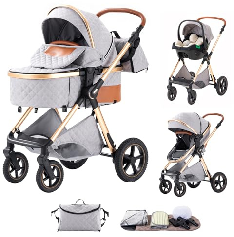 Shineey Kinderwagen 3 in 1,Puppenwagen Mit Babyschale Höhenverstellbarer Buggy Komplettset Faltbare tragbare,KombiKinderwagen Mit Aluminiumrahmen für Neugeborene 0 bis 3 Jahre (H2GREY, H2)