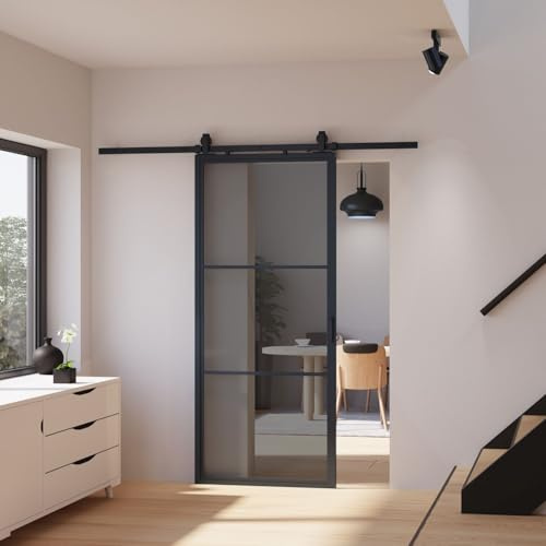 inova Glas-Schiebetür Komplettset Grauglas 900x2150mm Industriestil schwarz offene Laufschiene beidseitiger Softclose