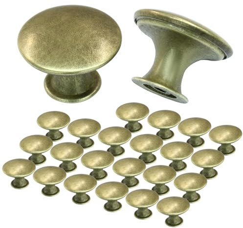 Cjueiom Kitchen Cabinet Knobs, 24Pcs, Antique Brass, 30mm Round | Door Knobs, Metal Cabinet Pulls, Matching Screws, For Drawer Dresser Cupboard Wardrobe