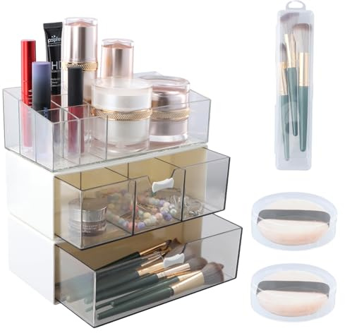 Organizador Cosméticos, Cajas Organizadors Maquillaje Transparente, Caja Maquillaje Organizador Apilable para Tocador, Baño, Dormitorio, Viene con Cajas de Almacenamiento para Borlas y Pinceles
