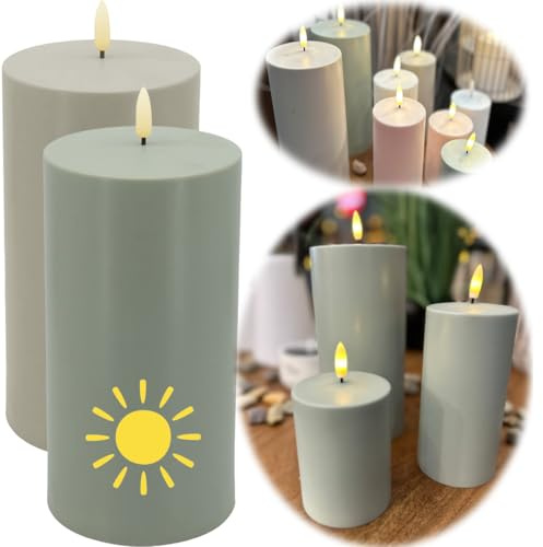LS-LebenStil 3D LED Solar Stumpenkerzen Malmö Grün 20x7,5cm Timer Außen Outdoor Garten bewegliche flammenlose flackernde Flamme Kerze wiederaufladbare Batterie Dekoration