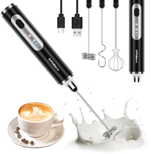 Philorn Milk Frother Wand Rechargeable, Handheld Coffee Drink Mixer Frother Foam Maker with 3 Heads 3 Speed for Lattes, Cappuccino, Frappe, Matcha, Hot Chocolate Egg Black (Black)