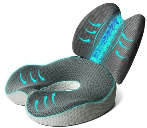 2 in 1 Seat Cushion and Lumbar Support, Large Size Ergonomic Memory Foam Chair Cushion & Back Support for Coccyx Sciatica Hemorrhoid Tailbone Back Pain Relief, for Office Chair, Car, Wheelchair