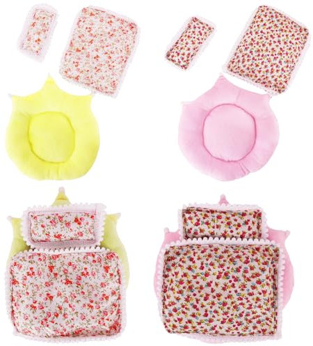 Xerteam Parure de lit 2 ensembles d'accessoires pour poupées, coussins, couvertures et tapis de sol, cadeau pour enfants (jaune, rose)