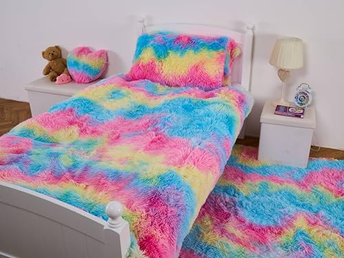 Rainbow Snuggle - Set copripiumino per bambini, morbido, caldo e comodo, lussuoso e soffice, soffice rivestimento in pelliccia (gelato arcobaleno, singolo)