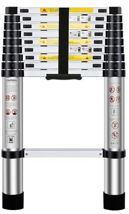 Telescopic Ladder 2.9m/9.5ft, Extendable Ladder Stainless Steel Portable, Adjustable Step, Non-Slip Feet, Max Load 150kg, for Lofts, Home Maintenance, Warehouse Organisation, etc.