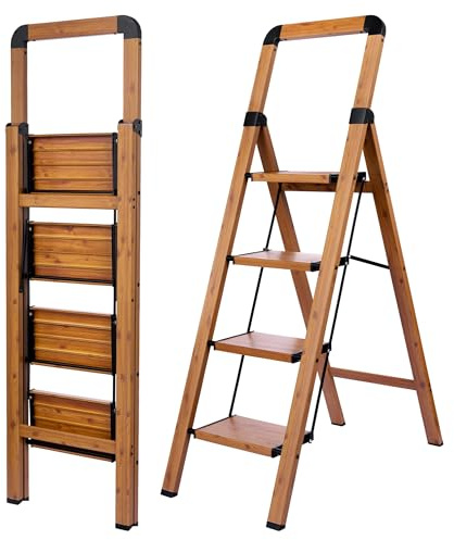 BIBKOKE Step Ladder 4-Step Woodgrain Finish Aluminum Folding Ladders