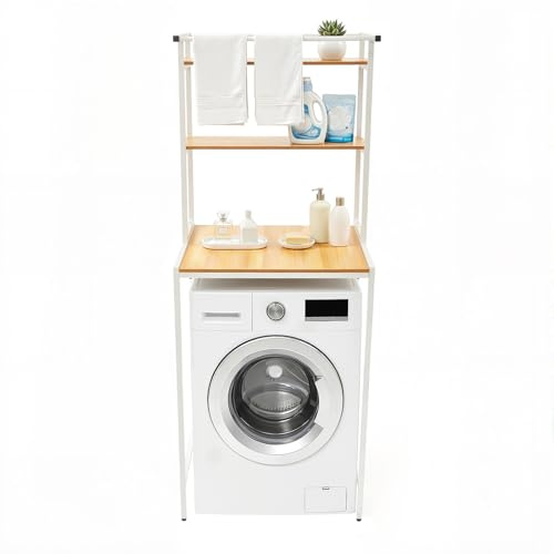 BAOCHADA Waschmaschinenregal,Waschmaschinenschrank Waschmaschinenregal überbau mit 3 Ablagen, WC-Regal, stehendes Regal über Toilette,Metall Holzwerkstoff, B69 x H176 x T65 cm(Weiß+Holz)