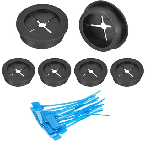 sourcing map 6Pcs Cable Cord Grommet, 1-3/8(35mm) Rubber Desk Grommets Wire Pass Through Hole Cover with Marked Cable Ties for Home Office Cable Wire Protection, Black