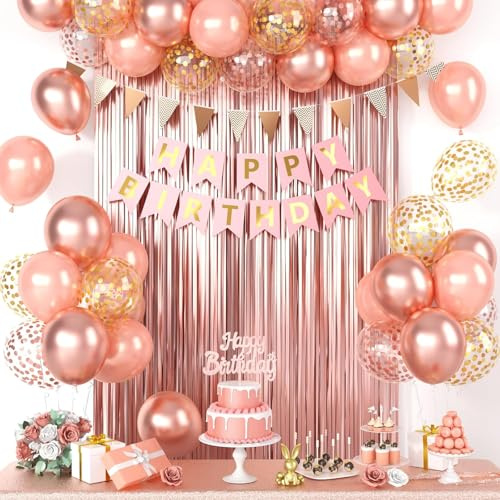 DazzJoy Geburtstagsdeko Rosegold, Luftballons Rosa Gold Set mit Happy Birthday Banner, Rosegold Ballons Party Deko Geburtstag, Gold Konfetti Luftballons, Vorhang, Wimpel Geburtstagsdeko Mädchen Frauen