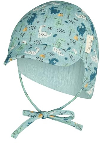 Sterntaler Schirmmütze Nackenschutz Dinos – Leichte Kindermütze aus Bio-Baumwoll-Musselin mit Dino-Print, Ohrenklappen, Gummi, Bindeband und Innenfutter, UV-Schutz 50+