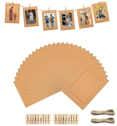 20 Pezzi Cornici Foto in Carta Kraft - Set Completo con Clip di Legno e Corda di Canapa, Cornici Portafoto 15x10 cm per Decorazione Parete DIY - Per Casa, Ufficio e Scuola (Marrone Naturale)