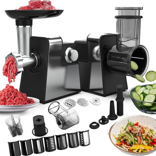 Electric Cheese Grater and Meat Grinder – Electric Vegetable Cutter, Multi-function Salad Shooter Fruit Slicer, Sausage Stuffer & Kit for Home, 5 Blades