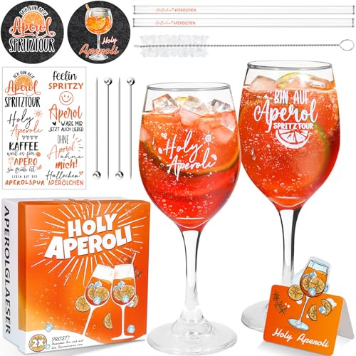 ImnBest Lot de 2 verres Apero Spritz | Pailles en verre | Dessous de verre, verres à cocktail, verres autocollants pour apérol, excellent cadeau