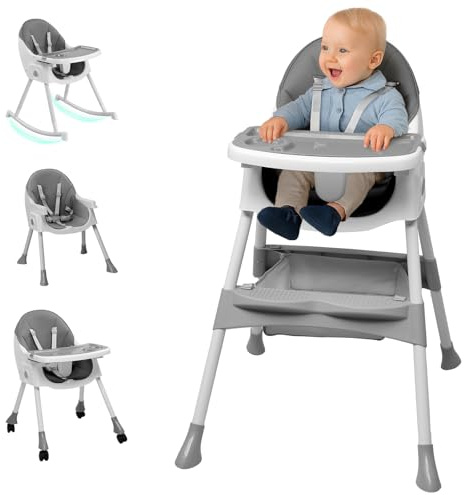 LEADZM 3 in 1 Babyhochstuhl, Verwandelt sich in einen Schaukelstuhl, Abnehmbares Doppeltablett, Faltbarer Hochstuhl Baby mit Lenkrollen und Aufbewahrungskorb, für Babys 6-36 Monaten (Grau)