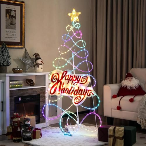 GOPLUS Árbol de Navidad Plegable con Estructura de Hierro | Decoración Navideña con Tablero de Letras, Estrella de Tela y 216 Bombillas LED con Control de Puntos