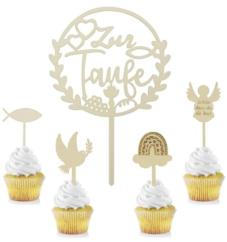 ALLY-MAGIC Cake Topper Taufe, Tortendeko Taufe Kommunion Fisch Kuchen Cupcake Topper Kuchendekoration zum Kuchenstecker, 5 Stück Holz Taufetortendeko Set für Mädchen Junge E25-DGZS