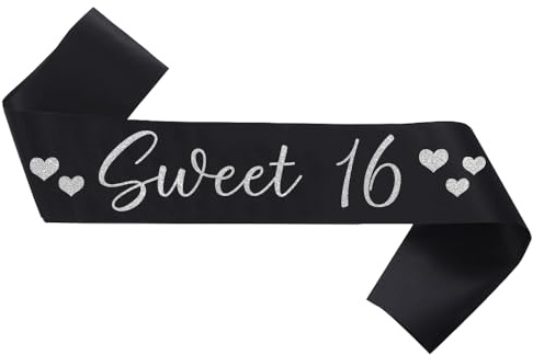 Sweet 16 sash，Black Sweet 16 Sash with Silver Glitter Printing Letters，Class of Sash for Graduation Party，birthday party Black Silver Sash