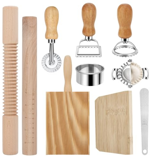 ANTREATU 10 PCS Pasta Maker with Ravioli Stamp Cutters, Gnocchi Board, Wooden Rolling Pin & Dumpling Maker Homemade Pasta Making Kit for Dumplings and Ravioli Kitchen Tools Pasta Making Accessories