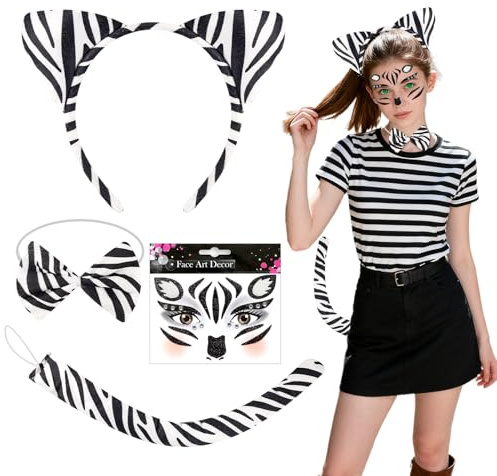 KERYBW 4 Stück Zebra Kostüm Set, Zebra Ohren Haarreif, Zebrafliege, Zebraschwanz, Zebra Gesicht Tattoo Aufkleber, für Karneval Fasching Halloween Kostüm Party