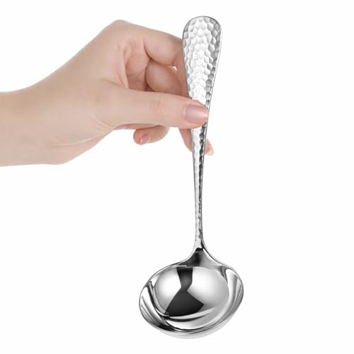 7.3 Inch Silver Small Ladle, Stainless Steel Gravy Soup Spoon, Hammered Gravy Ladle, Sauce Ladles, Cooking Ladles for Serving Soup, Sauces, Gravies