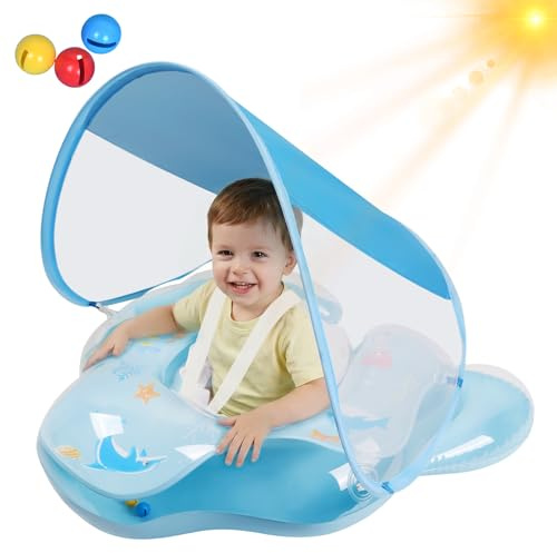 Oziral Salvagente Neonato con Parasole UPF50+ Con campana Giubbotto di Salvagente per bambini con base morbida Giubbotto di per piscina per bambini Adatto a piscina, Blu trasparente