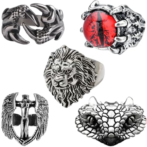LIUYIDM 5 Pièces Bagues CrâNe Homm, Réglables Bague Tete de Mort, Acier Inoxydable Rock Skull Anneaux, Style Rétro Gothique Crâne Bijoux, pour Homme Fête à Thème D'Halloween