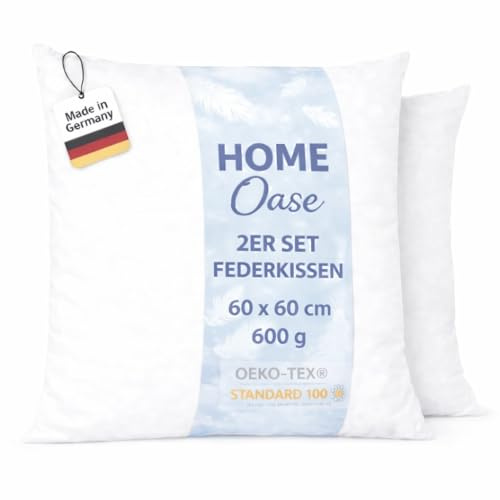 Home Oase Federkissen 60x60 cm (2er Set) - Kopfkissen mit 100% Federfüllung und Bezug aus Bauwmolle, Oeko-Tex Zertifiziert, perfekt für Allergiker und Kinder, 1200 g Füllung