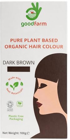 goodFarm Pure Plant Based Organic Hair Colour Dark Brown 100g (4 x 25g) | Certified Organic Herbal Powder Dye | Includes Compostable Gloves & Cap | No Peroxide, No Ammonia, No PPD, No Parabens