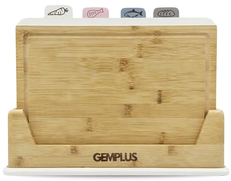 GEM+ Bamboo Chopping Boards Set of 4 with Stand, Colour Coded Cutting Boards for Meat Fish Vegetables Bread, Natural Bamboo Material, White Trim