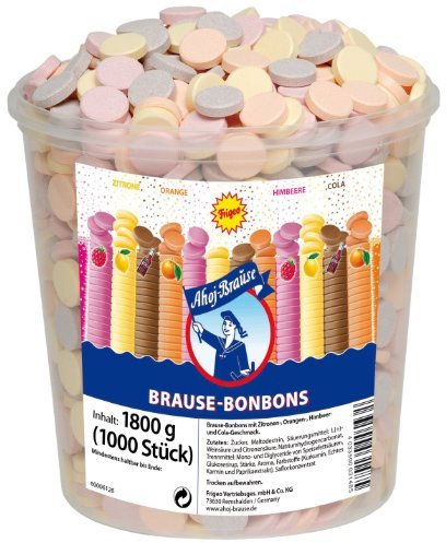 Frigeo Ahoj-Brause, Die Klassiker: runde Bonbons in den vier Geschmacksrichtungen Zitrone, Orange, Himbeere und Cola, 1000 Stück im Eimer (1,8kg)