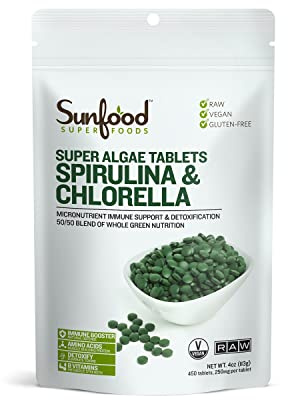 Sunfood Superfoods Chlorella Spirulina Tablets - Spirulina and Chlorella Green Algae Tablets for Women & Men, Source of Chlorophyll, B Vitamins, and Protein, Broken Cell Wall, Vegan - 4 oz Bag
