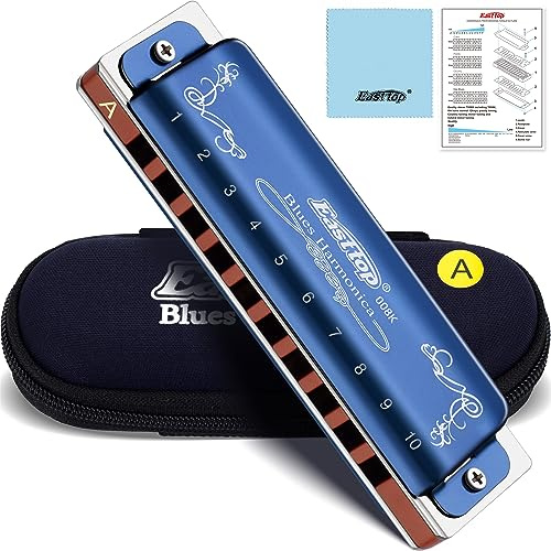 East top Diatonic Harmonica Key of A, 10 Holes 20 Tones 008K Diatonic Mouth Organ Harmonica with Blue Case,Standard Harmonica For Adults, Professionals and Students
