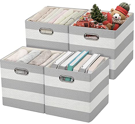 11x11 Storage Cubes Collapsible Fabric Bins Set of 4,Grey-white Striped