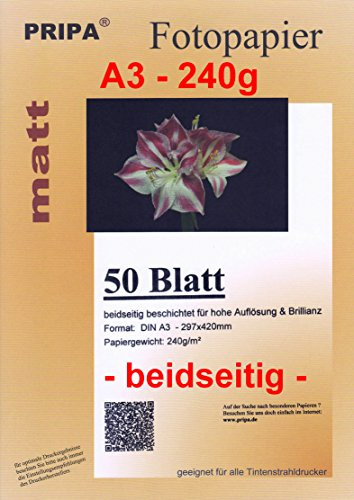 pripa 50 Blatt InkJet Fotopapier - matt beidseitig beschichtet - OHNE Glanz - DIN A3-240g - Tintenstrahldrucker