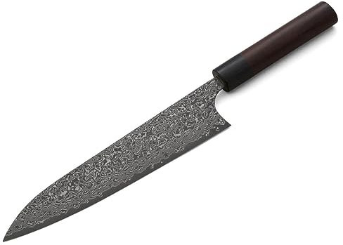 Damast Profi-Messer GYUTO Kurosome Yoshimi Kato. Klingen-Länge 22cm. VG-10 Schneidkern, 30 Lagen Damast, hand-geschmiedet. Runder Echt-Holz-Griff aus hochwertigem Rosenholz-Palisander