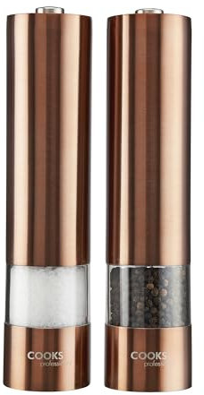 Cooks Professional Electric Salt and Pepper Mill Set | Battery Operated Automatic Grinders with Adjustable Course & Fine Grinding & One Touch Operation | Condiment Seasoning Grinder | Copper